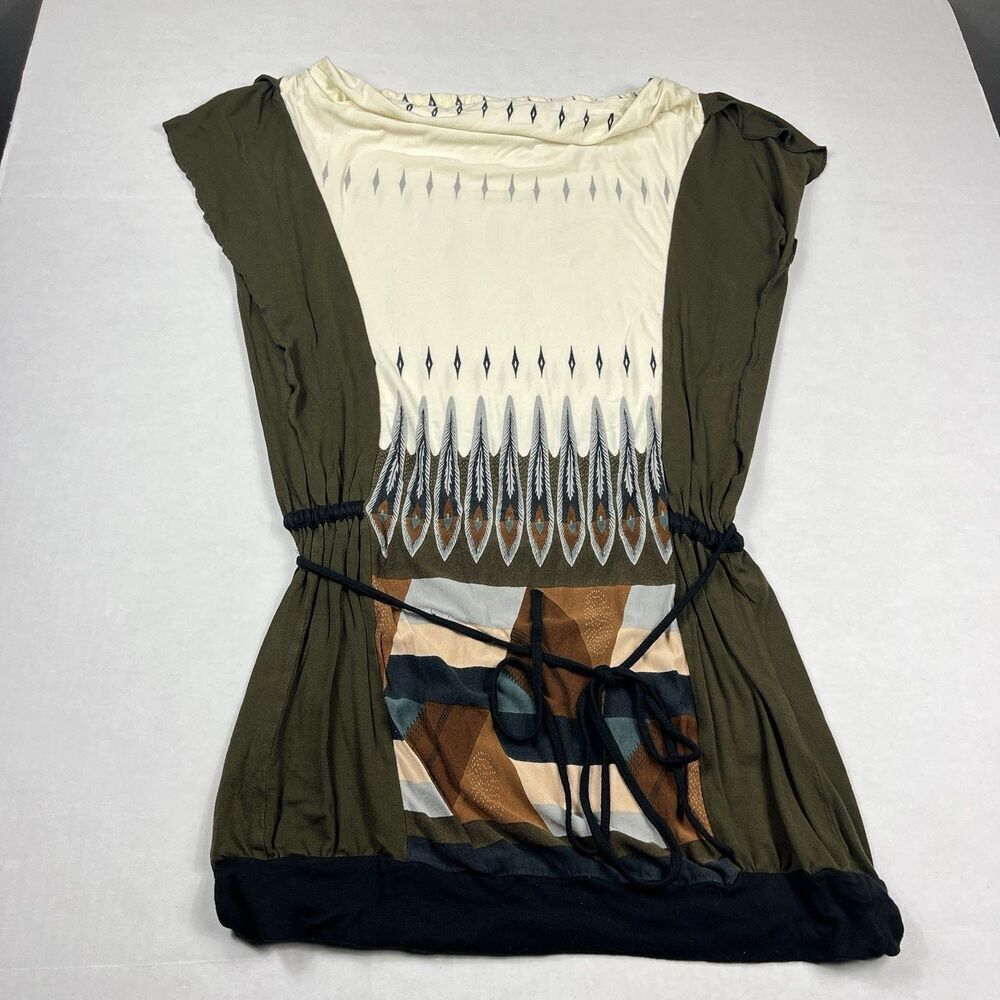 Ritu Kumar Label Mini Dress Tribal Boho Short Sleeve Tie Waist 3 MEDIUM FLAW